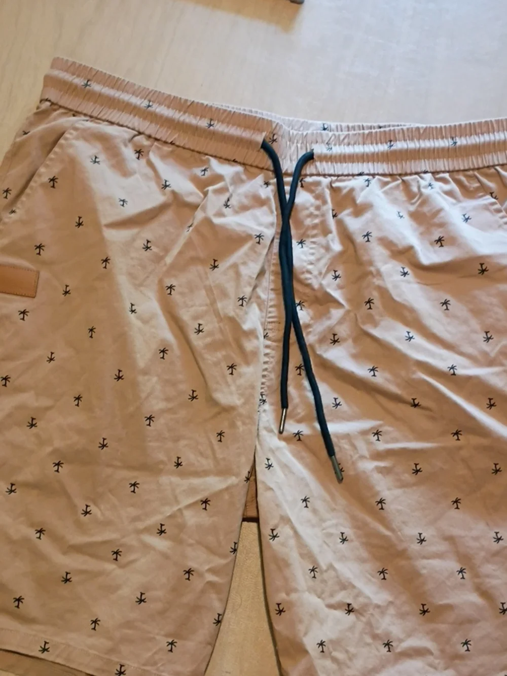 Light Pink Palm-Print Hybrid Swim Shorts with Navy Drawstring
